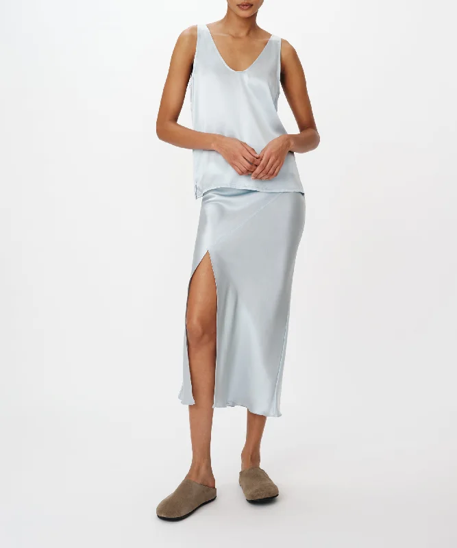 Satin Slit Detail Bias Skirt - Pastel Blue chiffon skirt airy