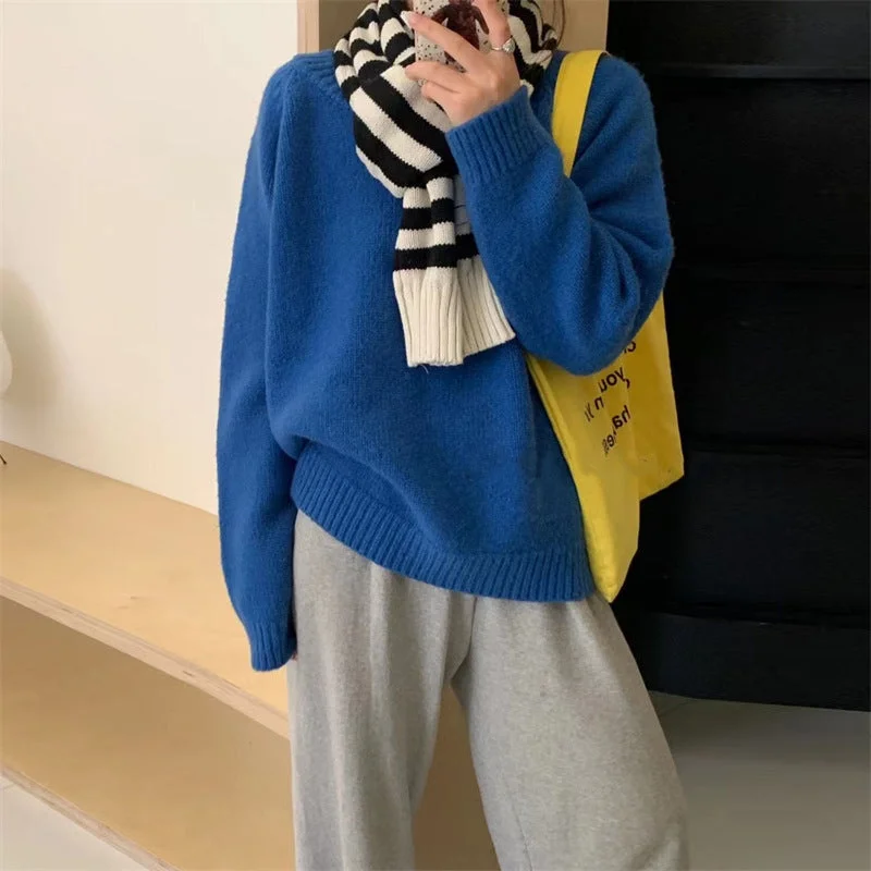 Wjczt cold weather outfits Korean Style Simple Candy Color Soft Glutinous Thick round Neck Labeling Pullover Women's Autumn and Winter Loose Knitted Fitted Ribbed Sweater