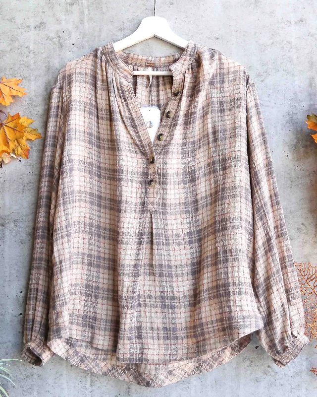 Free People - North Bound Pullover in Beige Plaid Crew Neck Wool