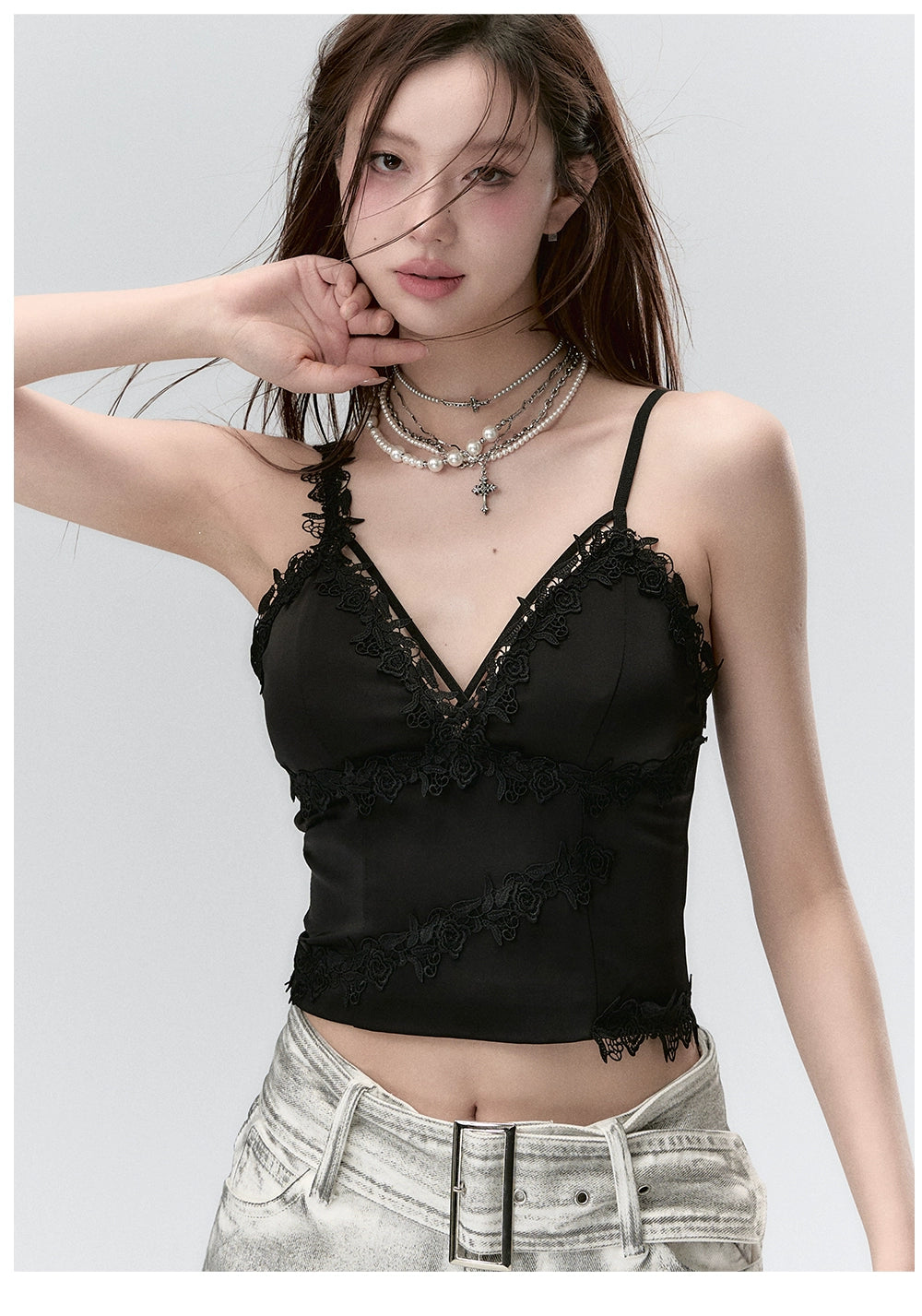 Lace Panelled Spaghetti Strap Tank Top charcoal tank top