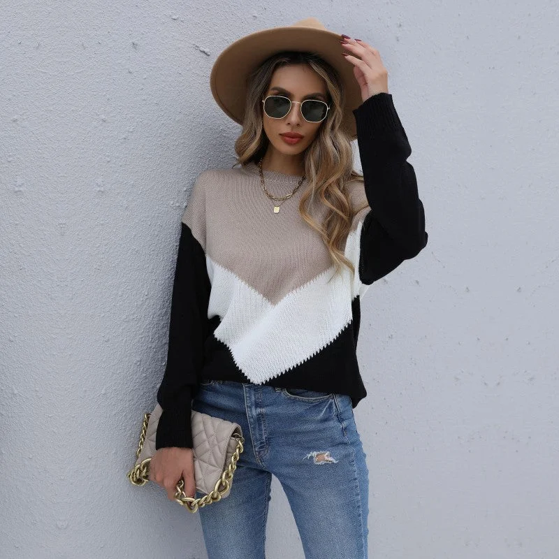 IKEARLAX Autumn New popular 2025 Color Matching Crew Neck Long Sleeve Knitted Bottom Shirt Pullover Women's Top Flare Sleeve Stylish