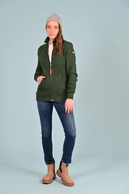 Marla Full-Zip Rib Neck Sweatshirt Deep Forest Hoodie with Button Placket Classic Preppy