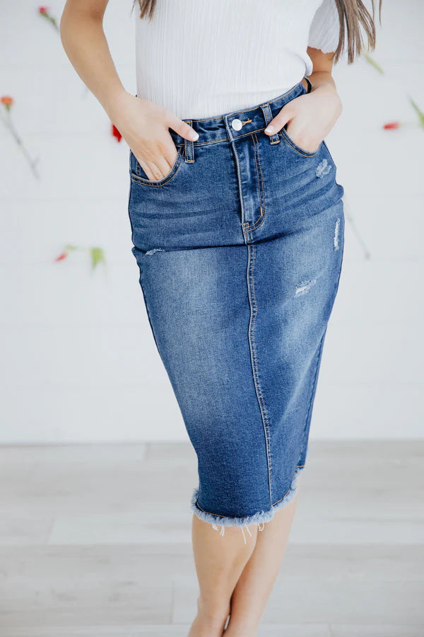 Distressed Denim skirt in Denim Blue- Misses, Plus & Extended Plus (XS-4X) leather skirt bold