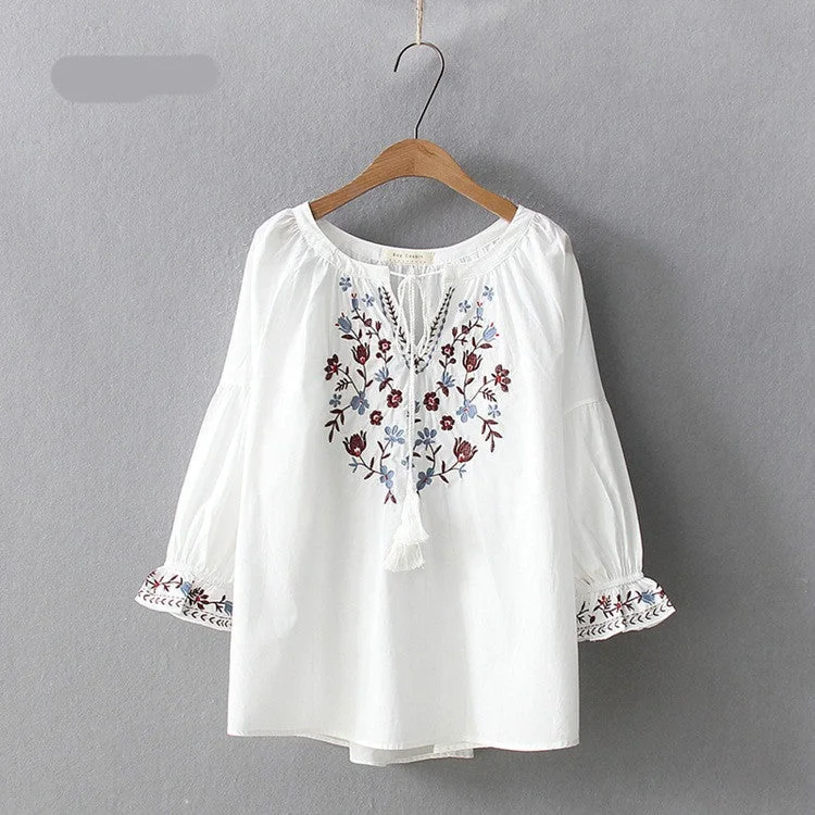 Wjczt Blouse 2022 Women Pullover Female Spring Autumn Spain Style Boho Ethnic Flare Sleeve Embroidery Shirt Blusa Tops Long Bell Sleeve