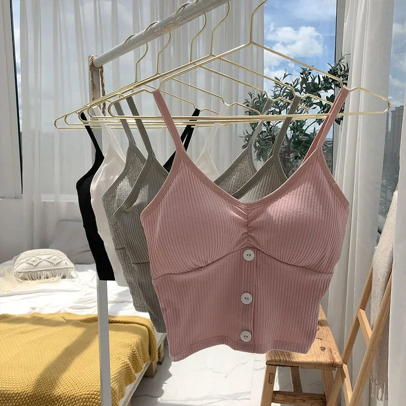 Women Camisole Fashion Wild Solid Color Sling Tank Top Summer New Button V-neck Cotton Vest With Removable Chest Pad scoop neck tank Women Camisole Fashion Wild Solid Color Sling Tank Top Summer New Button V-neck Cotton Vest With Removable Chest Pad scoop neck tank