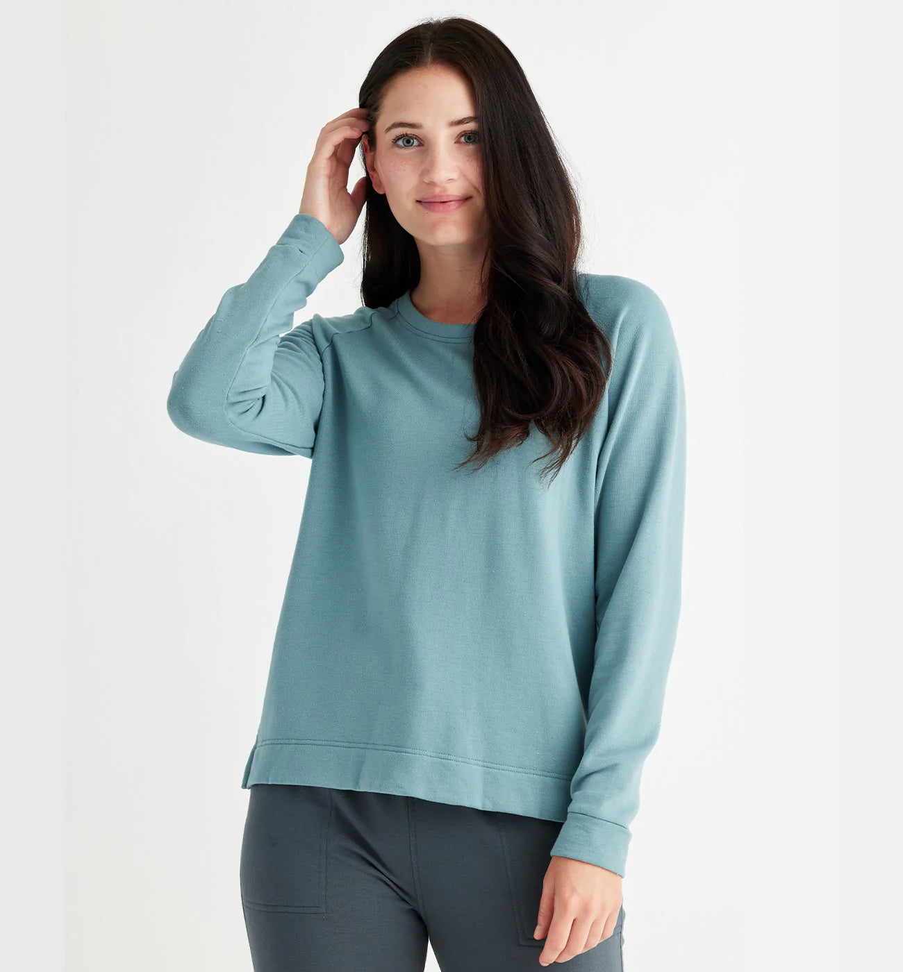 Women's Bamboo Lightweight Fleece Crewneck Pullover - Stormy Sea Box Sleeve Comfort