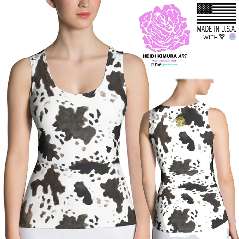 Cow Print Ladies Tank, Comfy Stretchy Soft Crew Neck Fitted Women's Tank Top, Made in USA cute tank top Cow Print Ladies Tank, Comfy Stretchy Soft Crew Neck Fitted Women's Tank Top, Made in USA cute tank top