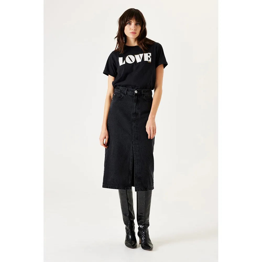 Ariana Denim Midi Skirt (Black) leather skirt modern