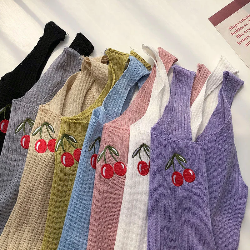 Cherries Embroidery Sleeveless Ropa Para Mujer Cropped Black Top Knitted Tank White Ribbed Camis Purple Croptop Womens Clothes print tank top Cherries Embroidery Sleeveless Ropa Para Mujer Cropped Black Top Knitted Tank White Ribbed Camis Purple Croptop Womens Clothes print tank top