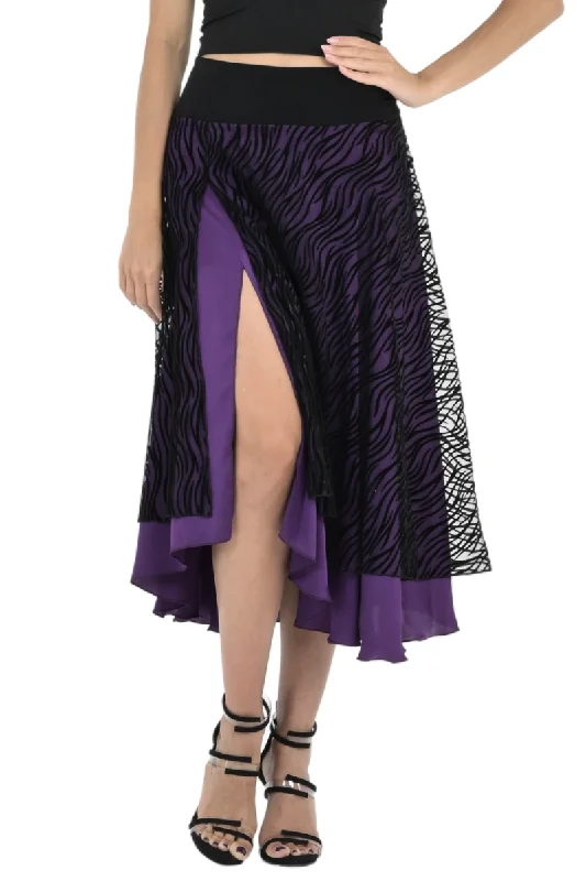 Black & Purple Mesh Zebra Print Two-layer Satin Skirt elastic waist skirt