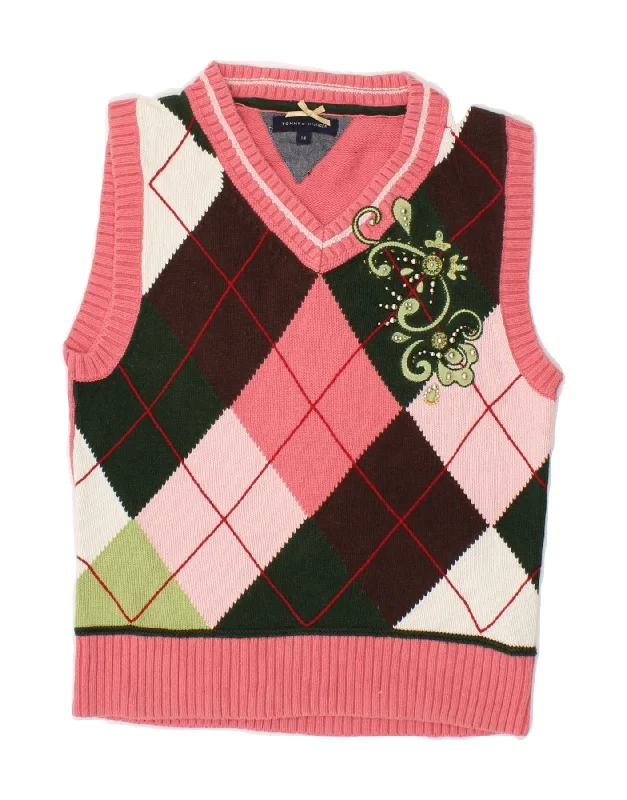 TOMMY HILFIGER Girls Vest Tank Top 13-14 Years Pink Argyle/Diamond Cotton essential tank top