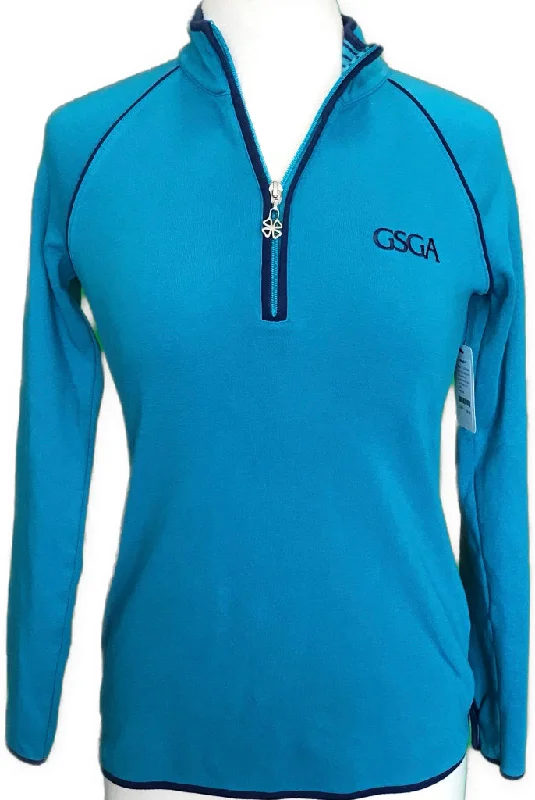 Clover by Bobby Jones 1/4Zip Pullover Teal w/Navy Trim Clover Snaps & Zip Pull Size S MSP$75 Ruffle Sleeve Feminine