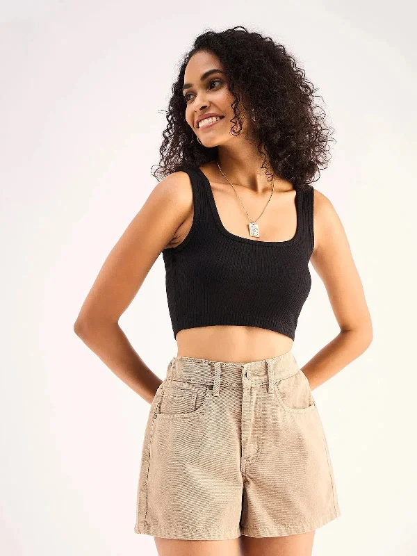 Women Black Rib Square Neck Cropped Tank Top comfortable tank top