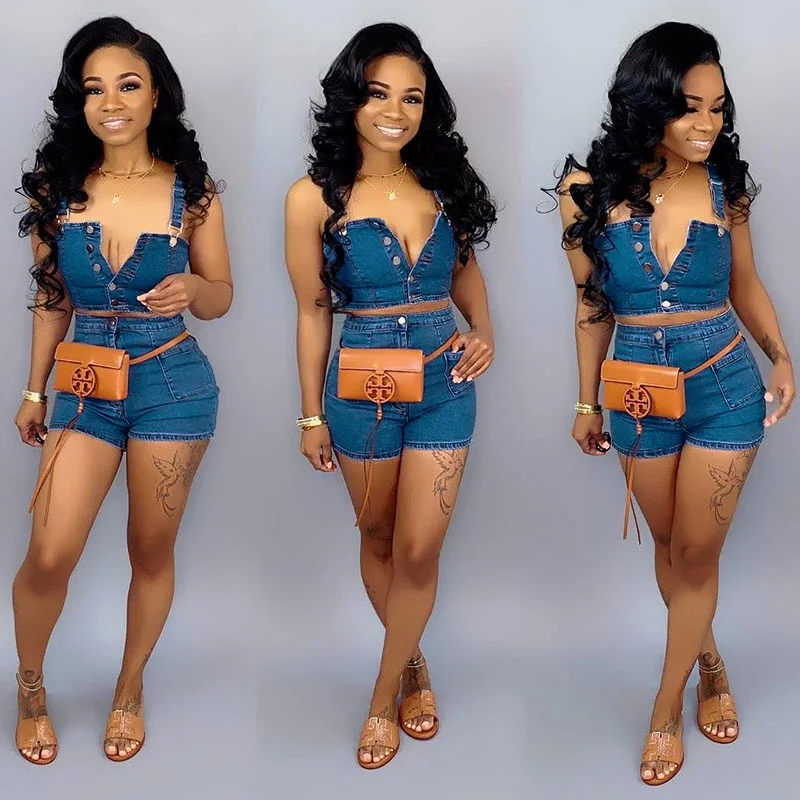 Women Sexy Single-Breasted Denim Tank Top And Shorts Two-Piece Sets glitter tank top Women Sexy Single-Breasted Denim Tank Top And Shorts Two-Piece Sets glitter tank top