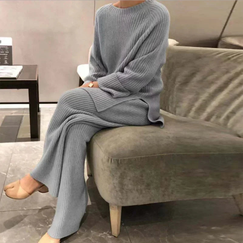 Wjczt Lady Home Suit Autumn Fashion Soft Casual O-Neck Pullover Tops+Knitted Pant New Homewear Pajama Winter Solid Women Two Piece Set Faux Fur Trim