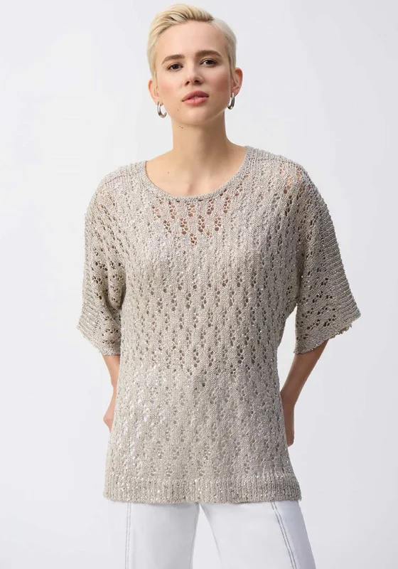 Joseph Ribkoff Sequin Crochet Pullover, Champagne Short Puff Sleeve