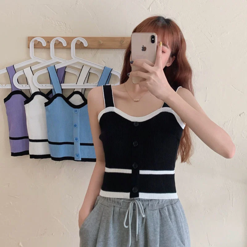 Fashion Summer Halter Off Shoulder Knitted Korean Sport Tank Crop Ribber Y2k Ropa De Mujer Croptop Cami Button Patchwork Ins Top v-neck tank top Fashion Summer Halter Off Shoulder Knitted Korean Sport Tank Crop Ribber Y2k Ropa De Mujer Croptop Cami Button Patchwork Ins Top v-neck tank top