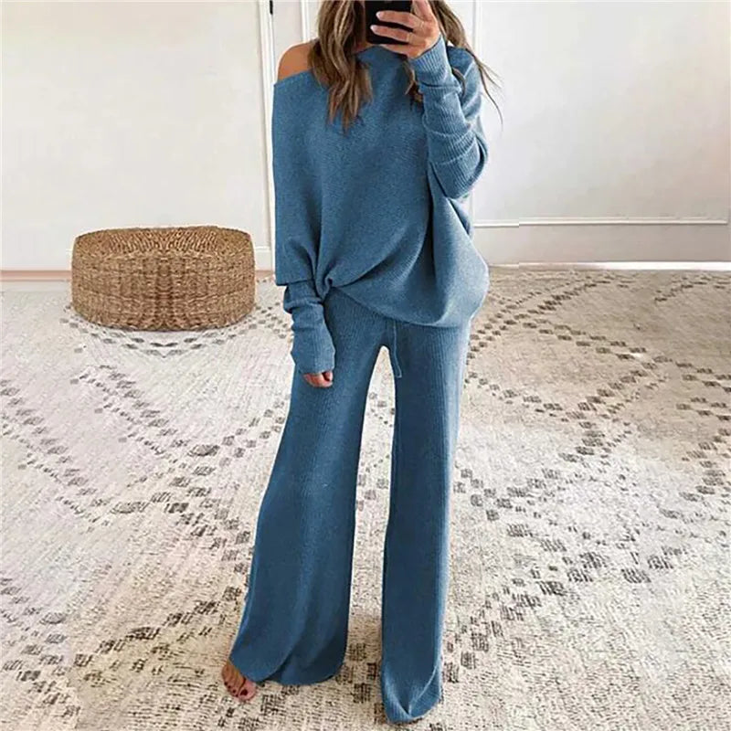 Wjczt 2pcs Pant Suits Women Pajamas Outfits Knitted Loose Casual Pullover Homewear Elastic Waist  Autumn Winter Tracksuits Pajama Hooded Pullover Sweater