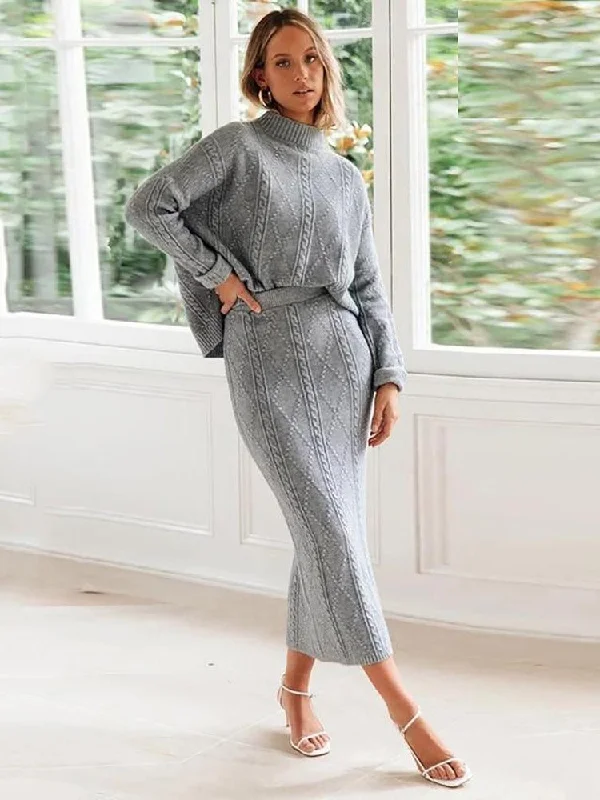 Ashoreshop Gray Two Piece Set Turtleneck Pullovers And Long Skirt Polo Neck Sweater