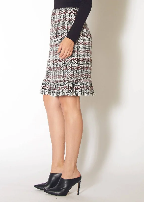 Women's Plaid Tweed Zipper Front Skirt in Black Red Tweed denim skirt durable