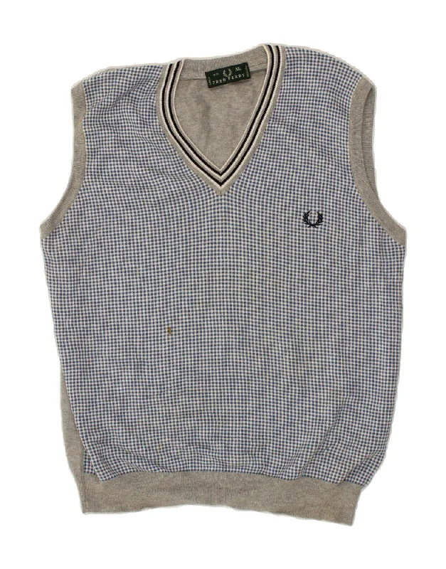 FRED PERRY Mens Vest Tank Top XL Grey Check Cotton sexy tank top