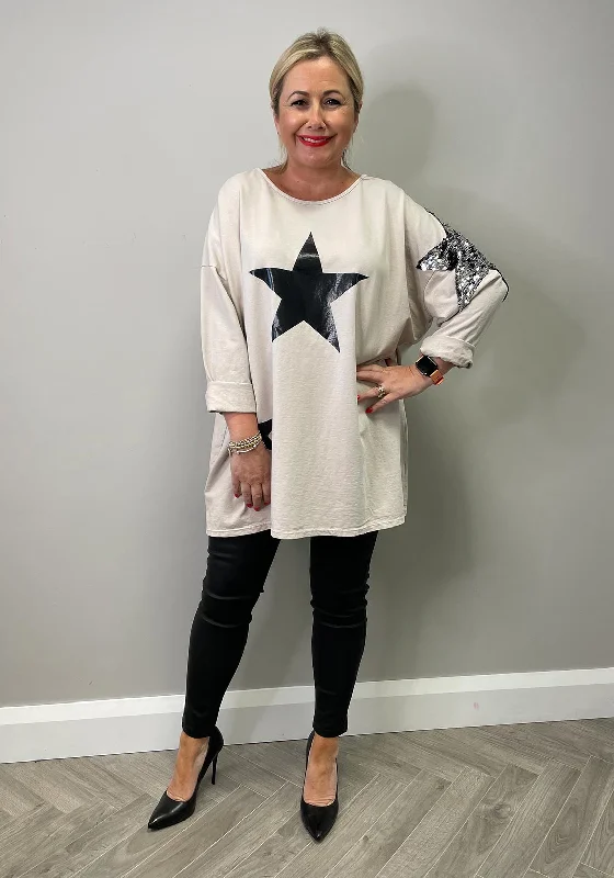 Seventy1 One Size Star Pullover, Stone & Black One Shoulder Top