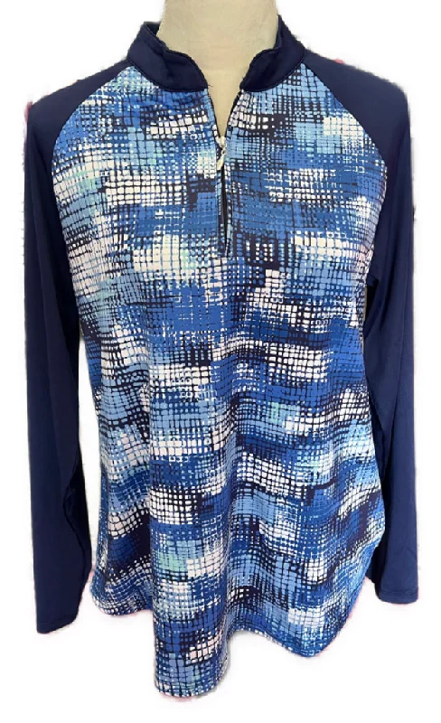 Emerald 18 Navy & Blue Print Long Sleeve Zip Pullover Size L Puff Sleeve Stylish