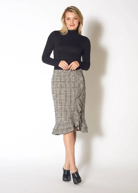 Women's Ruffle Trimmed Pencil Skirt in Black Plaid leather skirt sleek