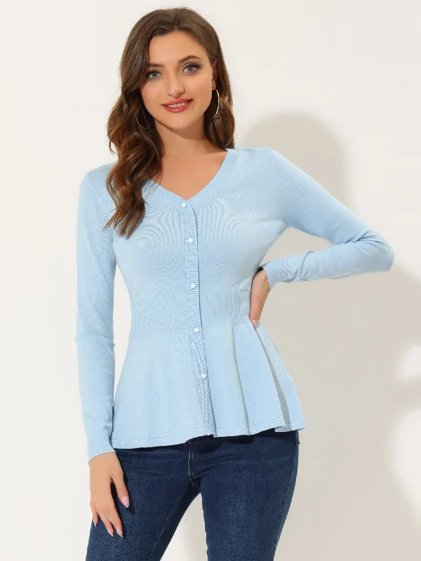 V Neck Long Sleeve Ribbed Pullover Knitted Peplum Top Open Front Cardigan