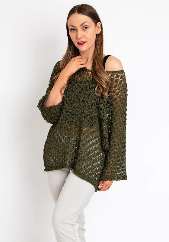 The Serafina Collection One Size Crochet Pullover, Khaki Slouchy Comfort Pullover