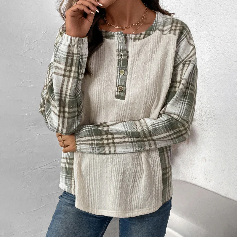 IKEARLAX 2025 women's clothing autumn and winter new plaid splicing long-sleeved T-shirt  round neck pullover T-shirt top women Leg Sleeve Comfort