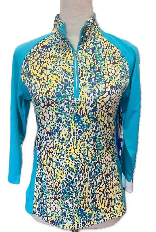 Monterey Club Blue Multicolored Animal Patterned 3/4 Sleeve Golf Pullover Size S Cold Shoulder Design