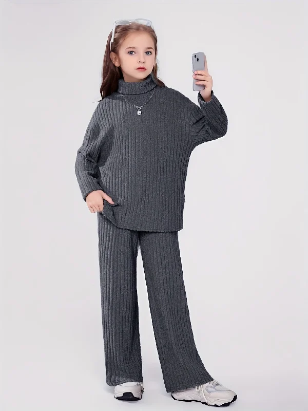 Girls 2pcs Ribbed Outfits, Solid Turtleneck Long Sleeve Pullover Top + Pants Set For Spring Fall Winter Christmas Gift Party, Outdoor Clothing Besom Neck Pullover