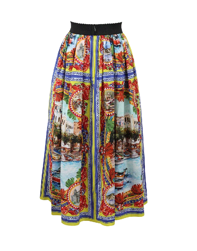 Caretto Print Midi Poplin Skirt denim skirt durable