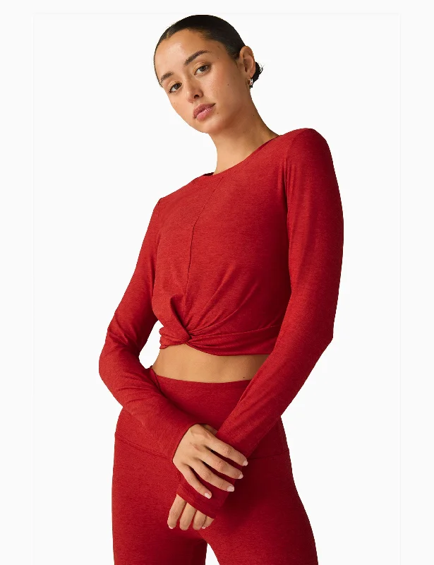 Featherweight Center Stage Cropped Pullover - Ruby Red Heather Polo Neck Sweater