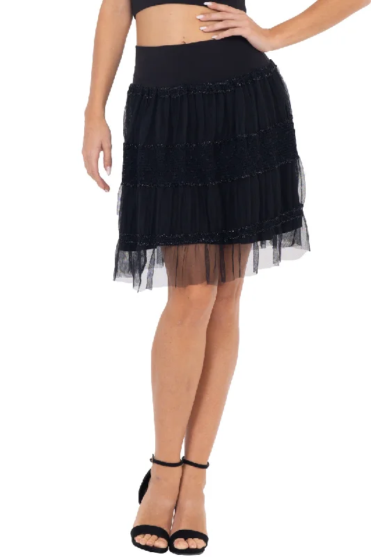 Black Tulle Above-Knee Skirt With Sparkling Details chiffon skirt airy