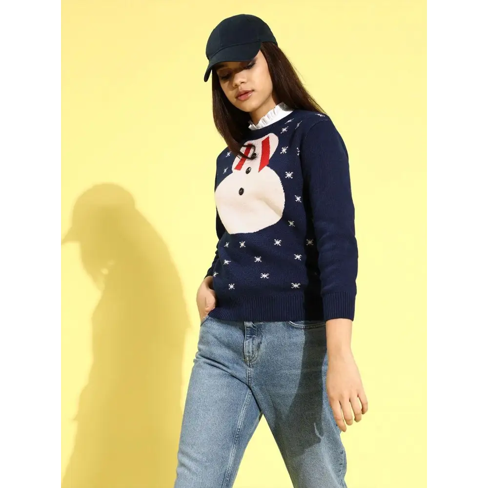 Style Quotient Women Navy Blue Quirky Printed Pullover Boat Neck Sweater