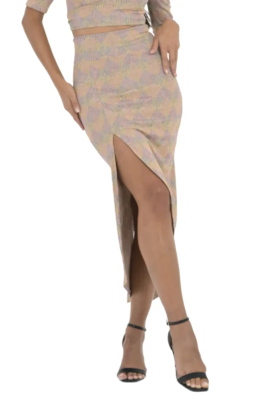 Knit Pastel Tango Skirt With Curved Front Slit patchwork skirt art
