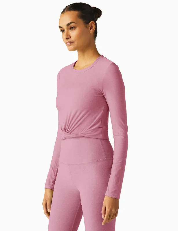 Featherweight Center Stage Cropped Long Sleeve Pullover - Pink Haze Heather Plunging Neck Pullover