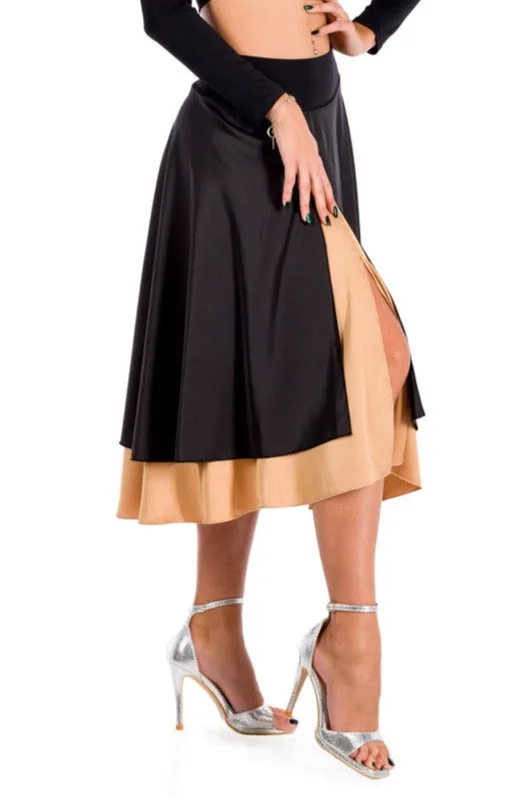 Black Satin Two-layered Dance Skirt With Dark Gold Base wool skirt warm