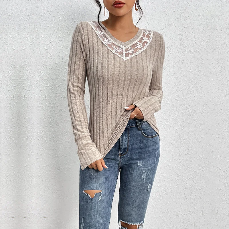 IKEARLAX 2025 cross-border New autumn new product pullover slim T-shirt lace splicing V-neck texture pit strip knitted top Cap Sleeve Casual