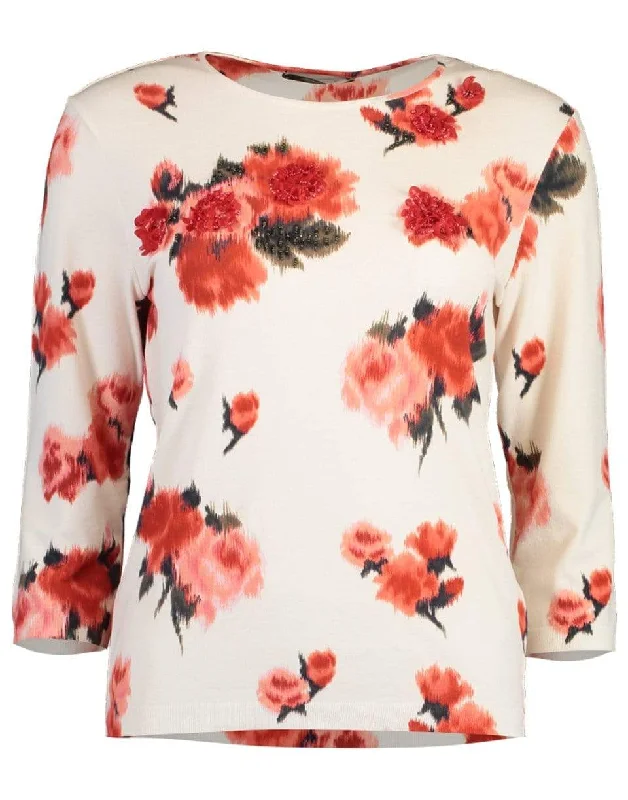 Pink Floral Crewneck Pullover Top Ruffle Neck Pullover