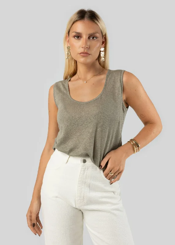 Linen Tank Top Green one shoulder tank