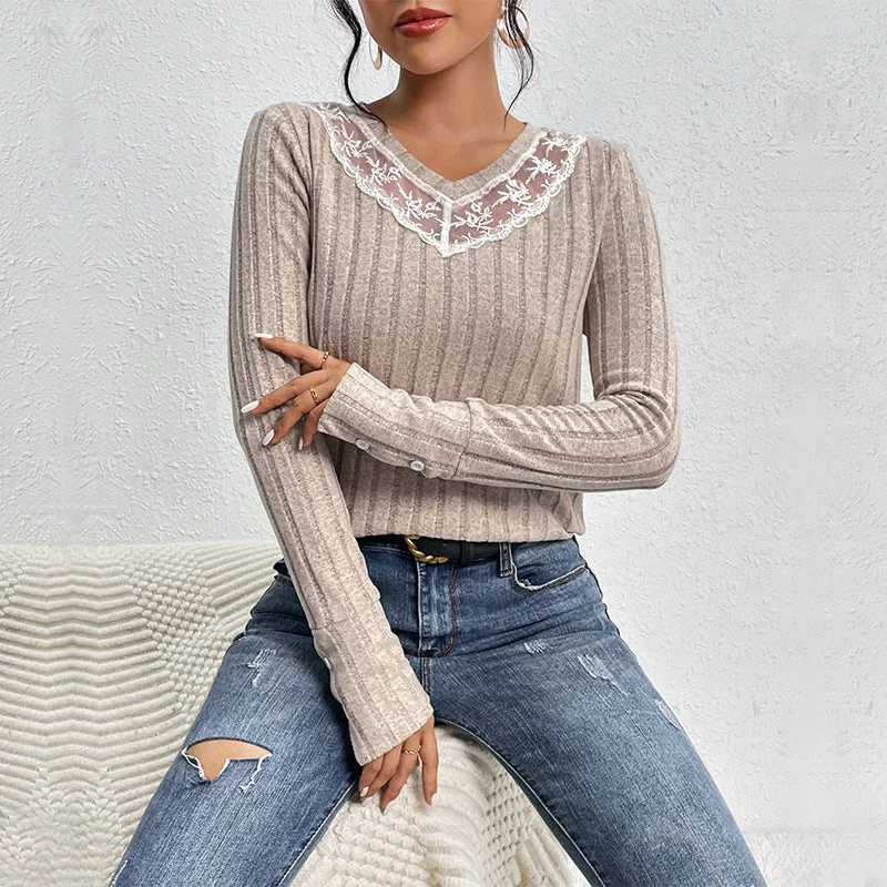 IKEARLAX New autumn new product pullover slim T-shirt lace splicing V-neck texture pit strip knitted top Long Bell Sleeve