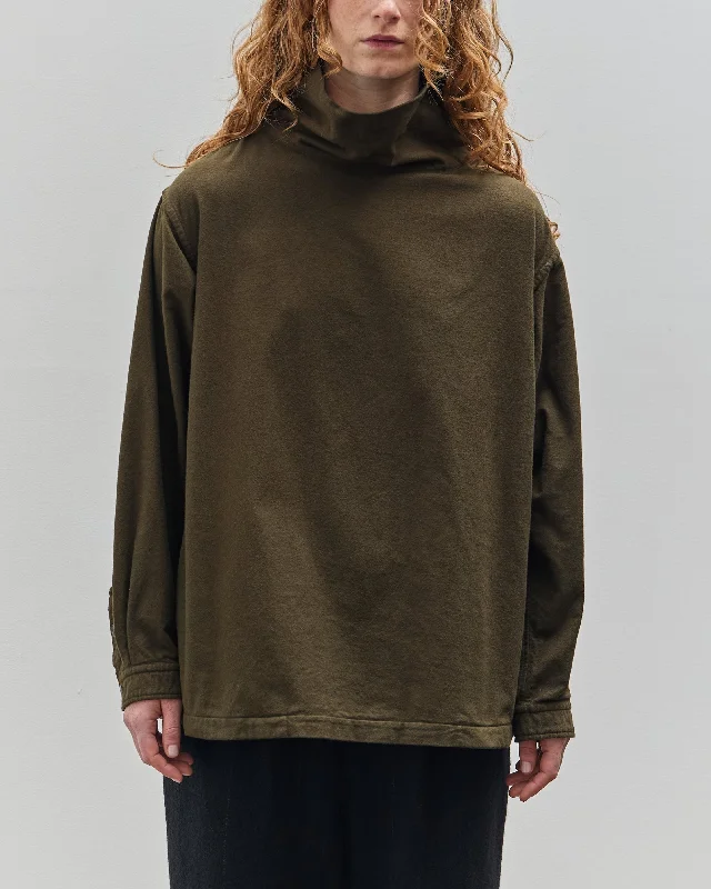 Yoko Sakamoto Brushed Cotton High Neck Pullover, Olive Ribbed Crew Neck