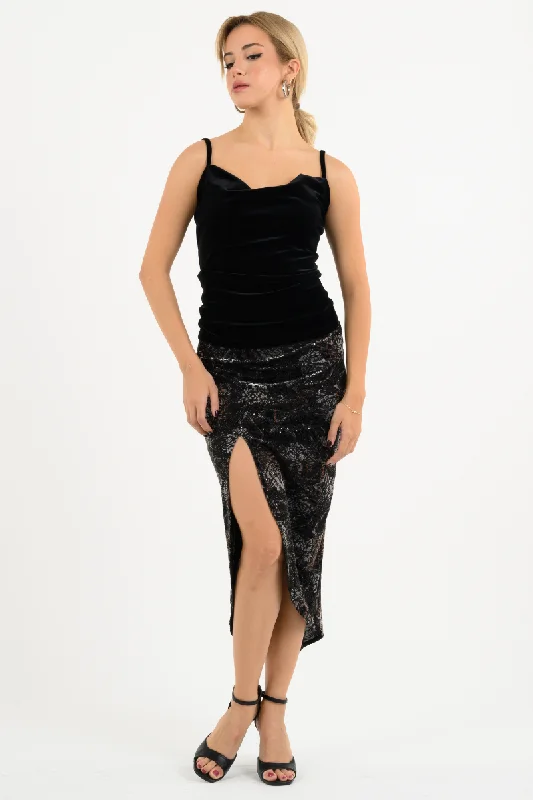 Printed Velvet Tango Skirt With Curved Front Slit lace skirt intricate