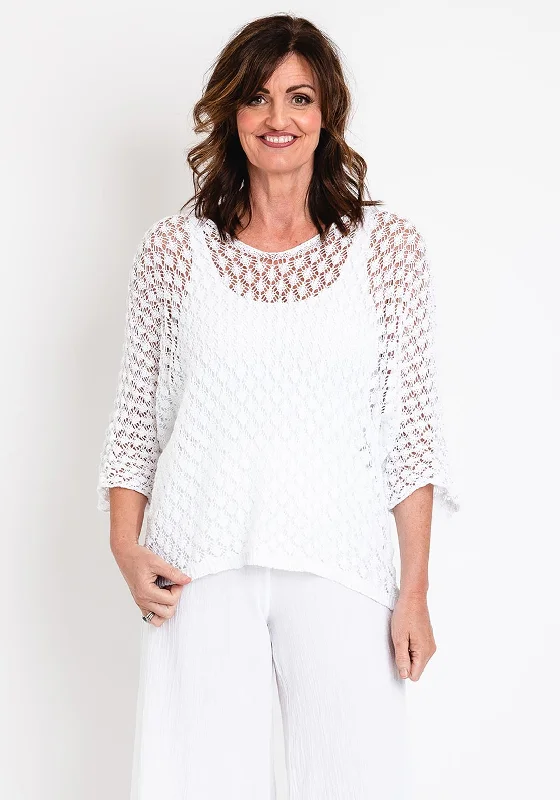 The Serafina Collection One Size Crochet Pullover, White Textured Knit Design