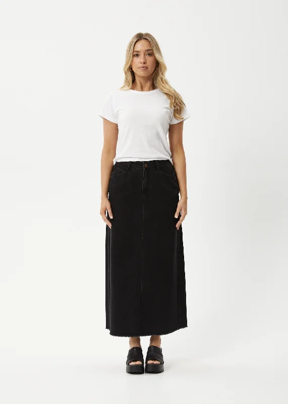 AFENDS Womens Chichi - Denim Midi Skirt - Washed Black ribbed skirt waist