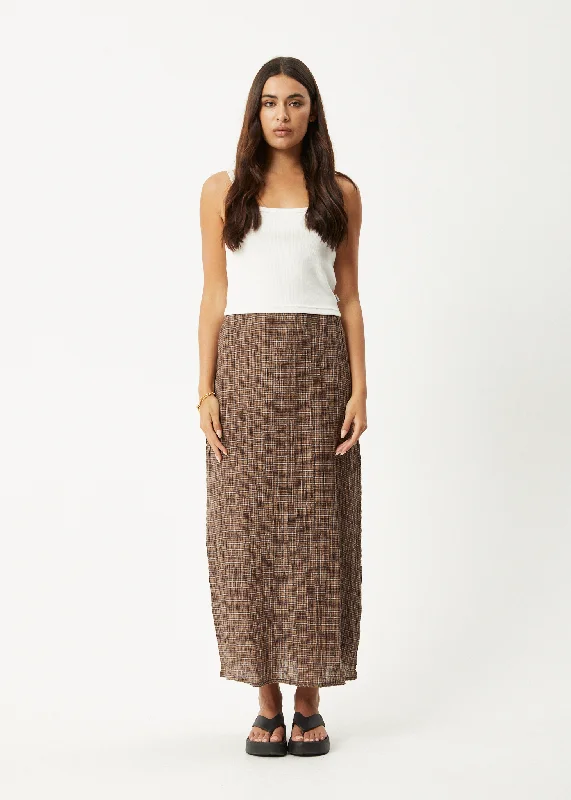 AFENDS Womens Hometown - Seersucker Check Skirt - Coffee silk skirt lustrous