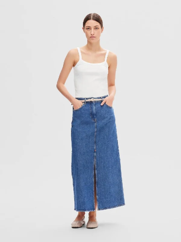 Selected Femme Bella High Waist Maxi Denim Skirt - Marine Blue corduroy skirt textured